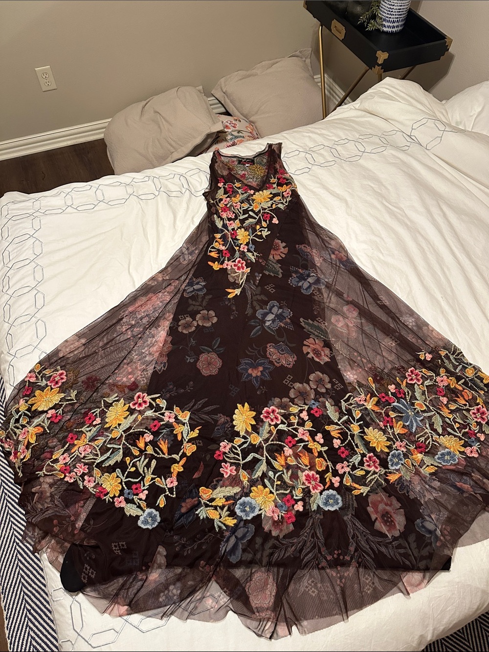 Johnny Was Black Mesh Maxi Dress with Multicolor Floral Embroidery
